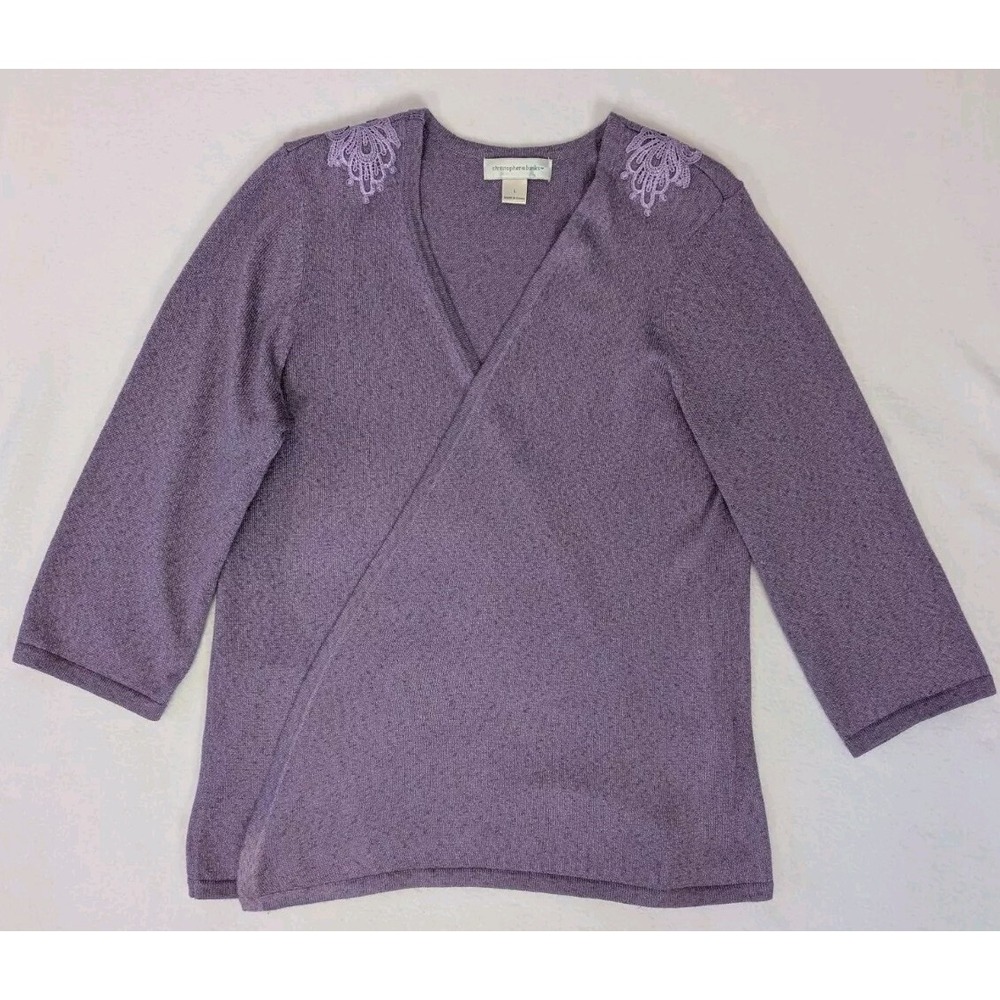 Christopher Banks Open Wrap Sweater Women's Large Lace Applique Lavender